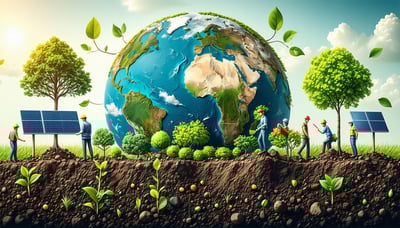 Illustration of a healthy, sustainable Earth with people planting trees and harnessing renewable energy